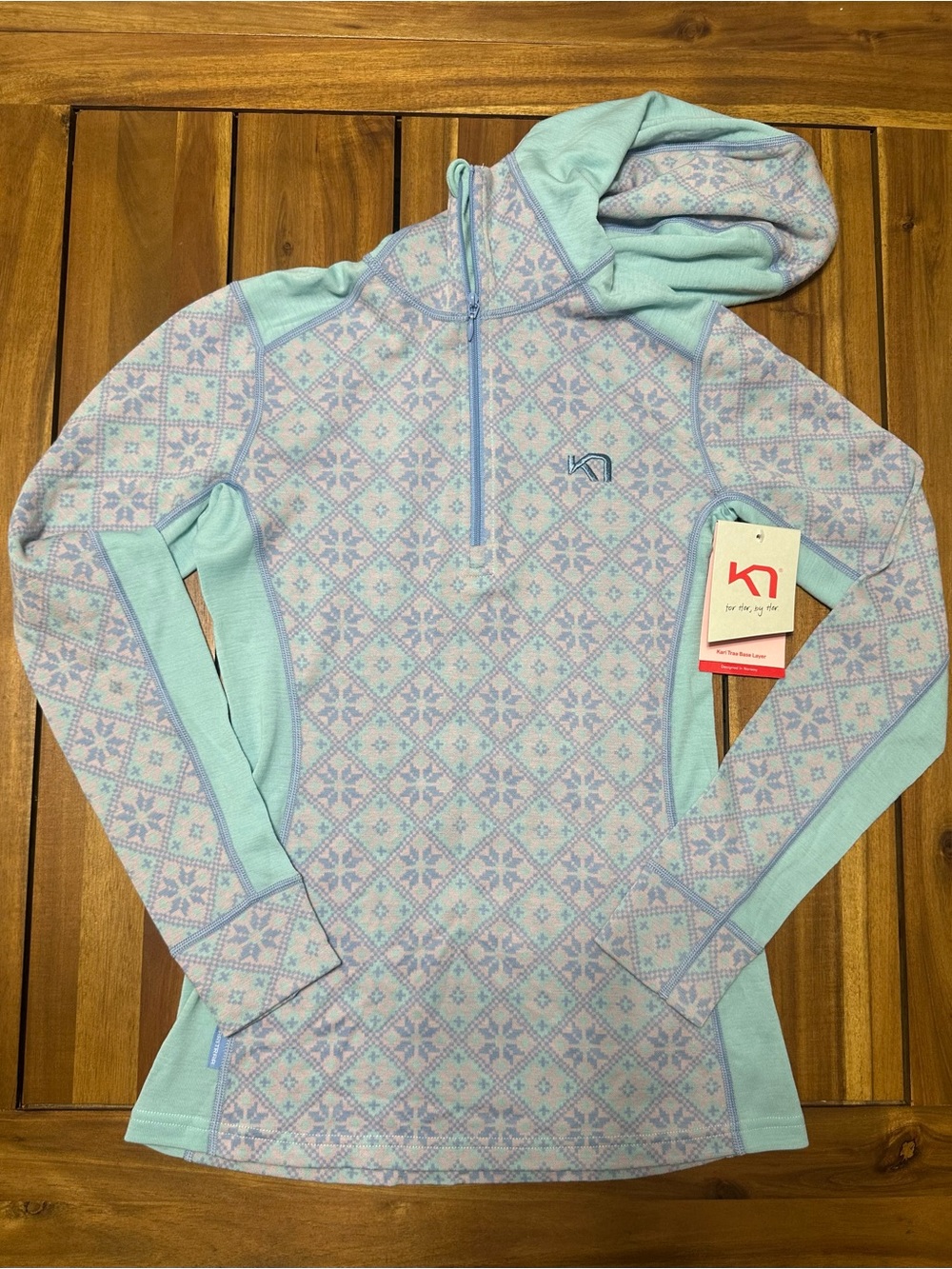 NWT Kari Traa Mint and Light Purple Patterned Quarter Zip Wool Hoodie Size M